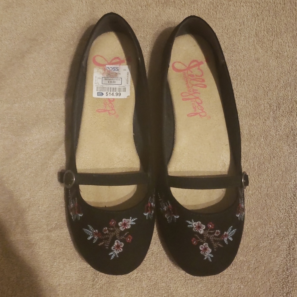 Black floral flats